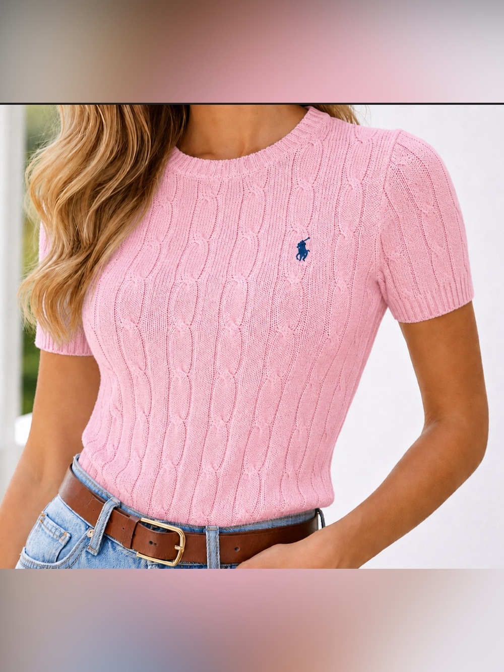 Polo by Ralph Lauren Pink Cable-Knit Short-Sleeve Crew Top - small
